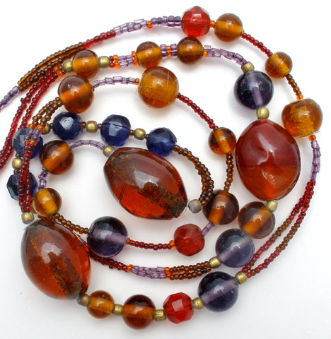 Brown Purple Blue & Red Glass Bead Necklace 40"