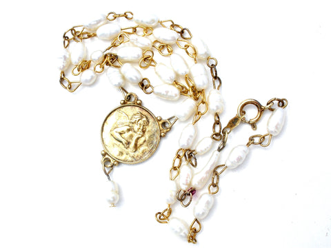 Cherub Coin Freshwater Pearl Necklace Vermeil 925
