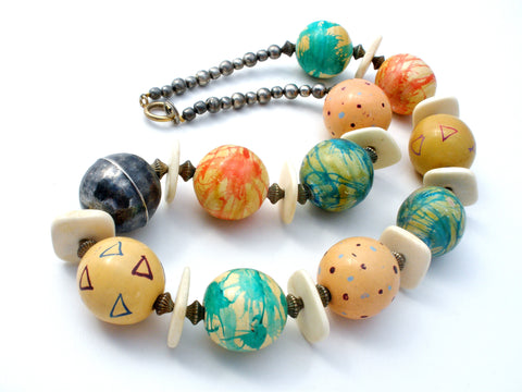 Chunky Bead Necklace Vintage Hand Painted 22"