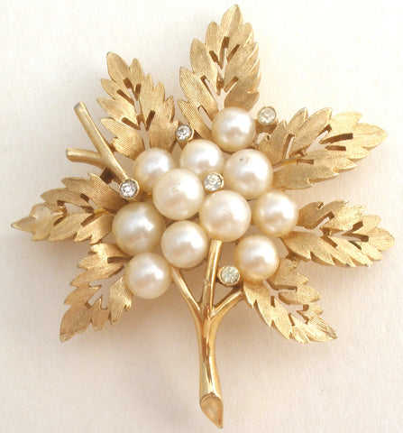 Crown Trifari Leaf Pearl Brooch Pin Vintage