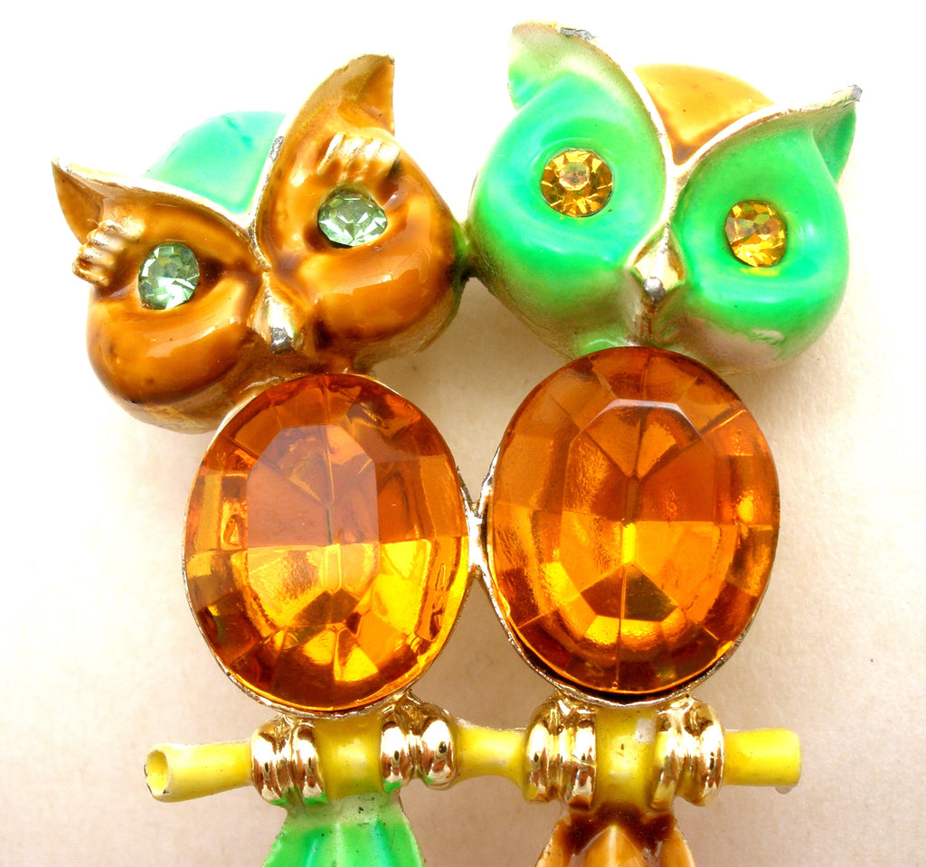 Double Jelly Belly Owl Brooch Enamel Vintage Pin - The Jewelry Lady's Store