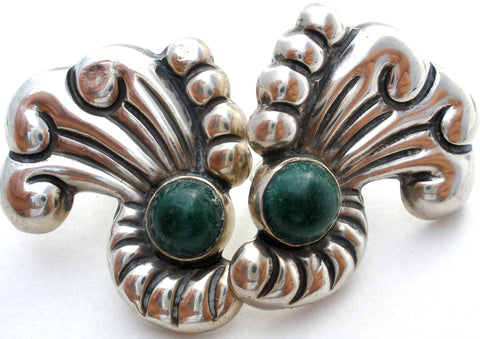 Early Mexican Screwback Green Onyx Earrings