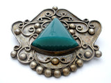 Early Sterling Silver Obsidian Brooch Pin Mexican - The Jewelry Lady's Store