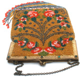 Floral Glass Seed Bead Fringe Purse Antique - The Jewelry Lady's Store