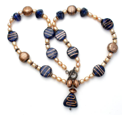 Foiled Blue Glass Bead & Pearl Necklace