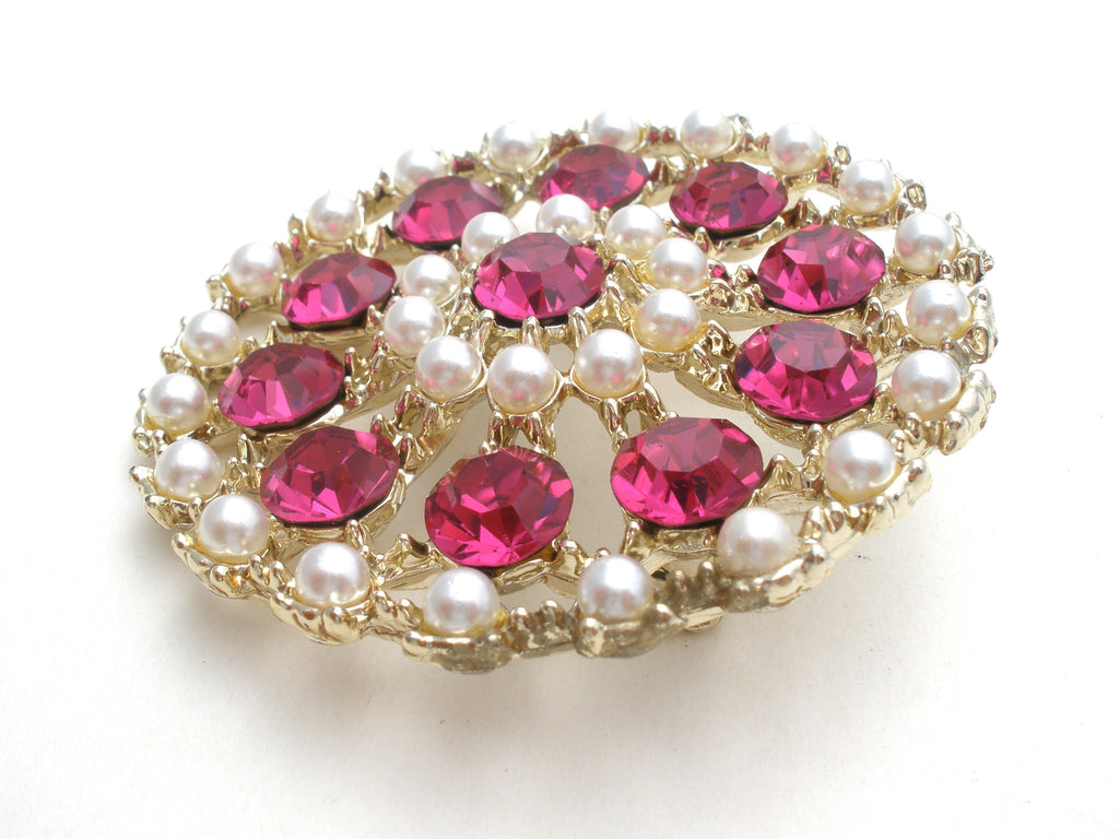 Vintage Brooch in 18k Gold and Fuchsia Stones, 1950s for sale at Pamono