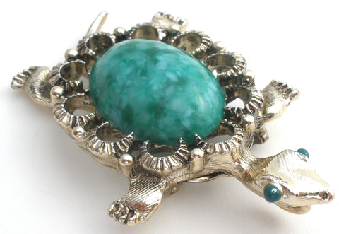 Gerry's Green Glass Stone Turtle Brooch Pin