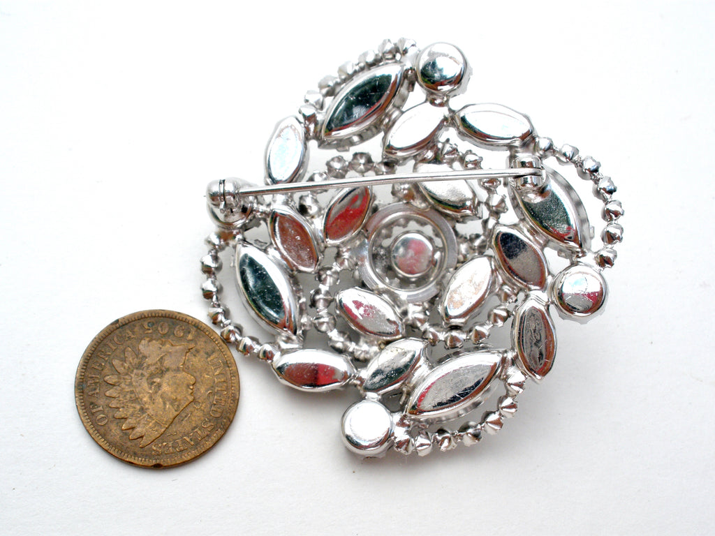 Silver Tone Prong Clear Rhinestones Cluster Paisley Leafy Pin