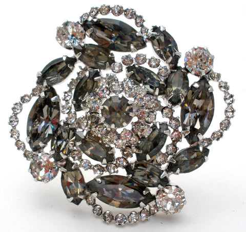 Gray & Clear Rhinestone Brooch Pin Vintage