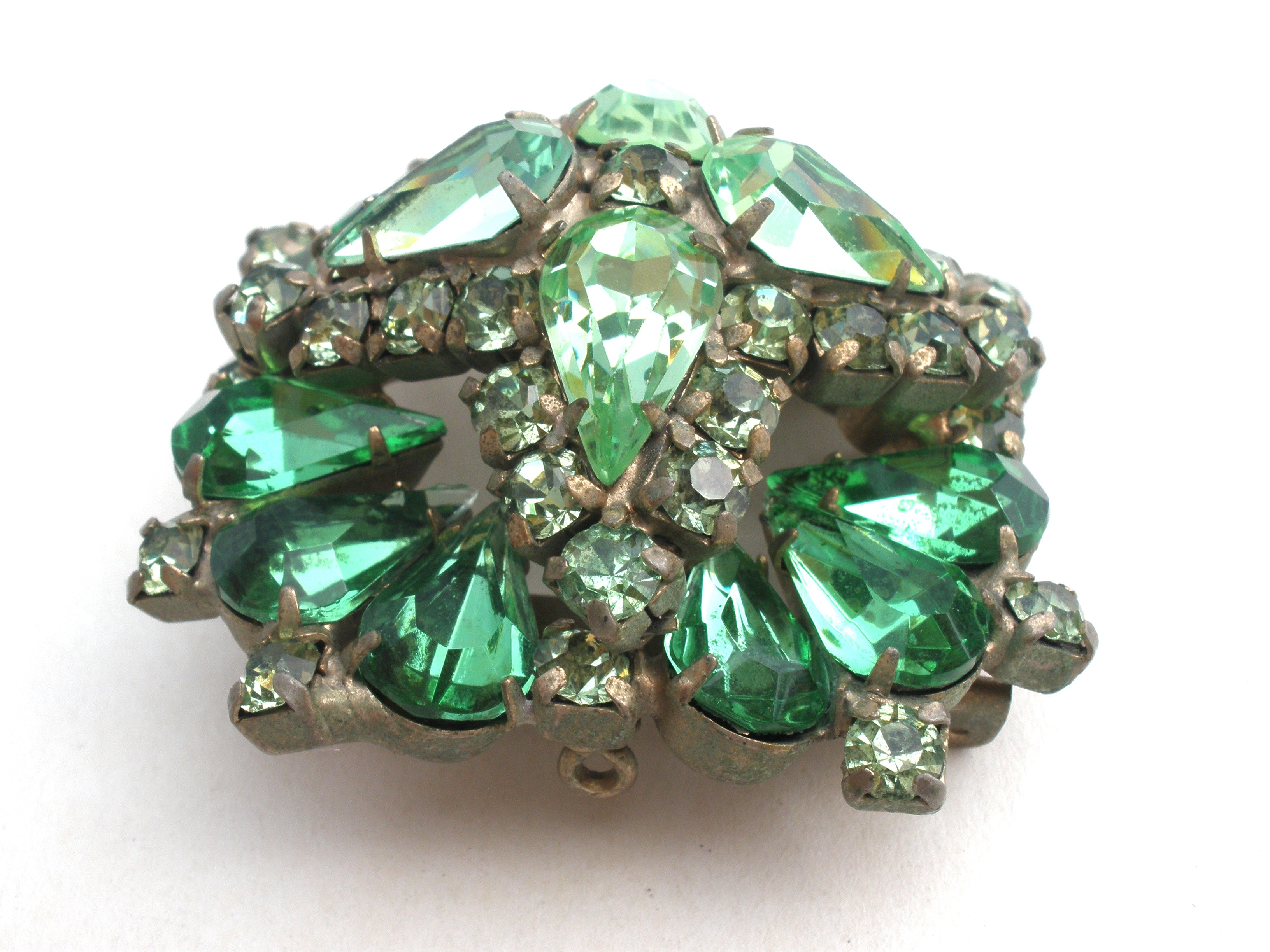 Schreiner Rhinestone Brooch, Emerald and Peridot Green Rhinestones, Richly  Layered 