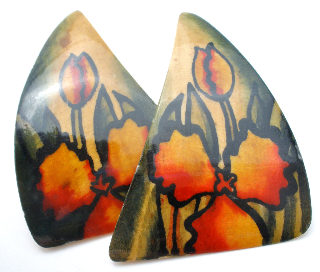 Hand painted Bone Pierced Earrings Vintage - The Jewelry Lady's Store