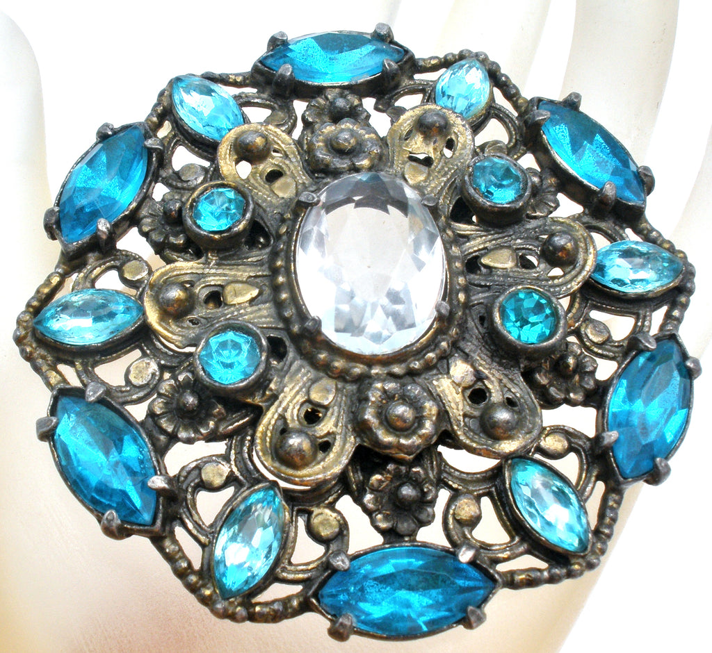 Large Blue Rhinestone Brooch Vintage - The Jewelry Lady's Store