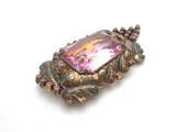 Large Brass Pink Rhinestone Leaf Dress Clip Vintage - The Jewelry Lady's Store