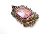 Large Brass Pink Rhinestone Leaf Dress Clip Vintage - The Jewelry Lady's Store