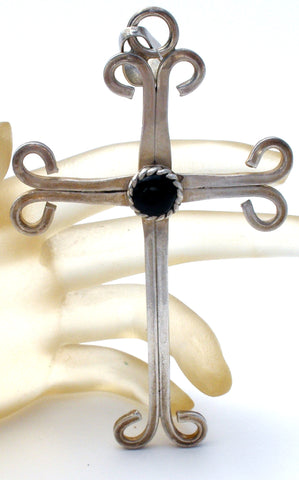 Large Sterling Silver Black Onyx Cross Pendant