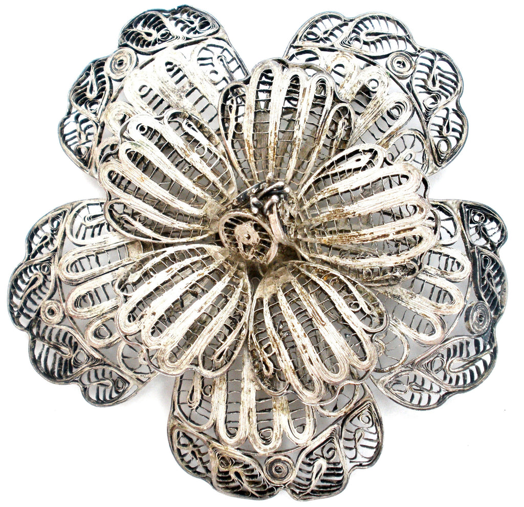 Large Cannetille Flower Sterling Silver Brooch Vintage - The Jewelry Lady's Store
