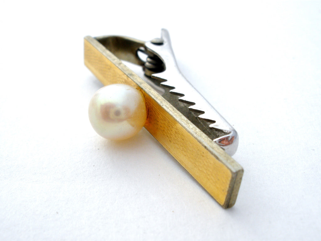 Clip De Cravate Vintage SWANK Avec Perle Sous Lucite - Or - Élégance Rétro