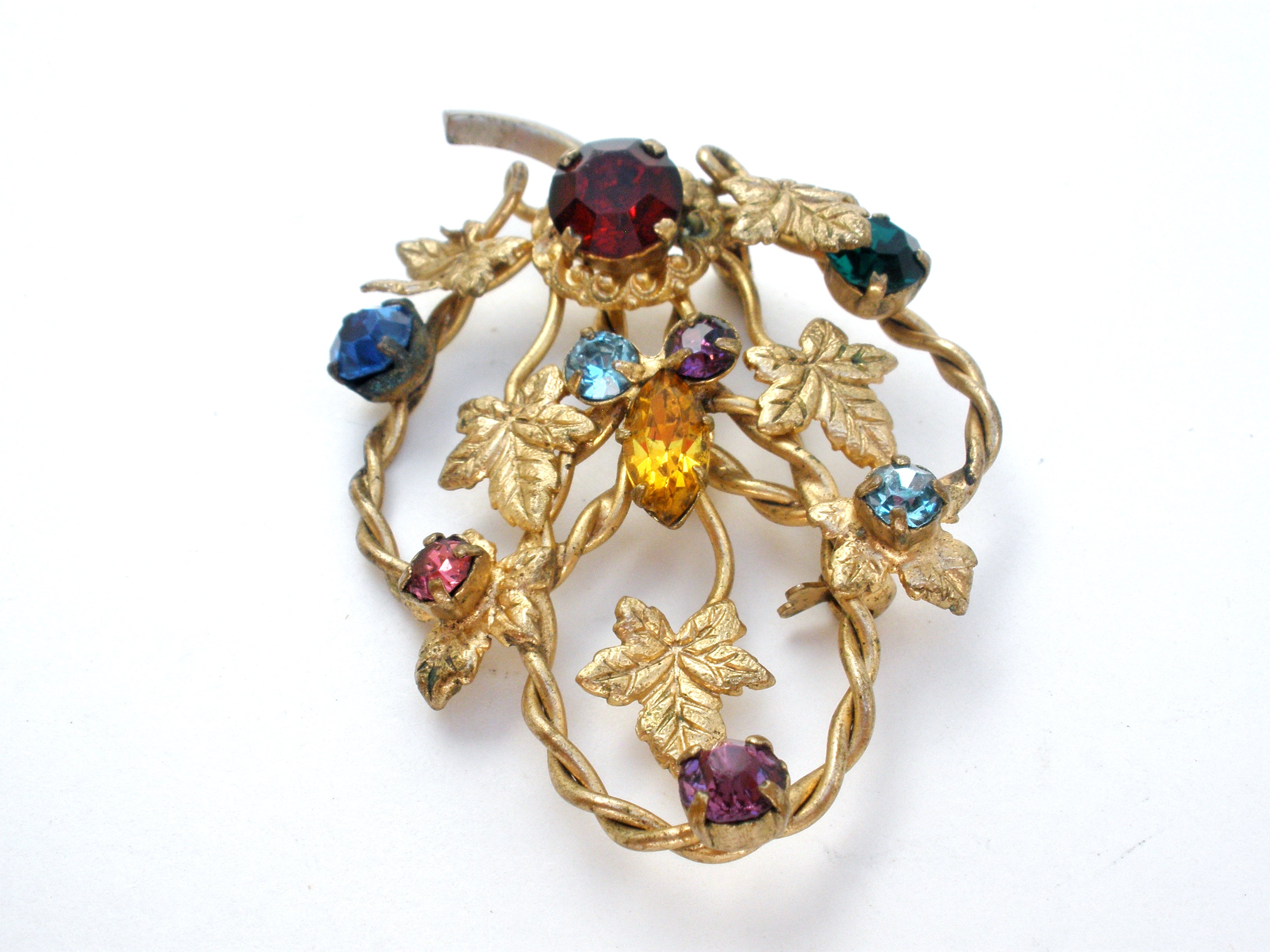 Vintage Multicolor Rhinestone Leaf Brooch display picture 2
