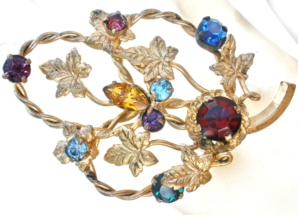 Vintage Multicolor Rhinestone Leaf Brooch display picture 1
