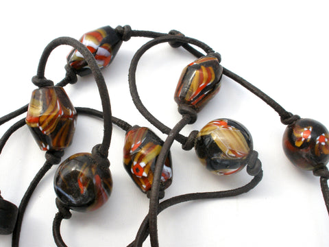 Murano Glass Beads On Black Leather Cord Necklace