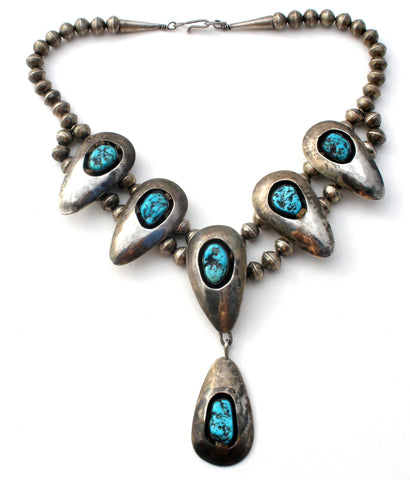 Navajo Squash Blossom Shadowbox Turquoise Necklace