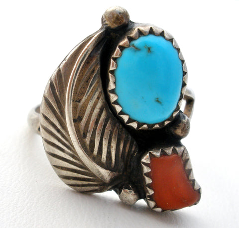 Navajo Turquoise &  Coral Ring Sterling Silver