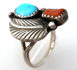 Navajo Turquoise &  Coral Ring Sterling Silver - The Jewelry Lady's Store