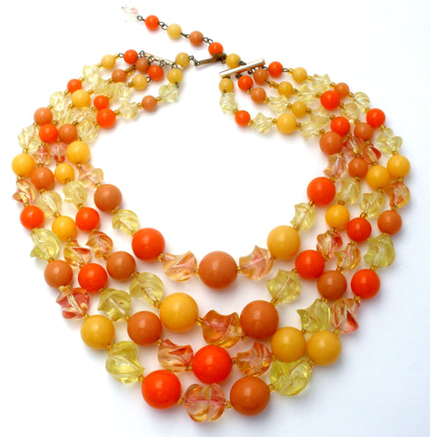 Orange & Yellow Lucite Bead Necklace Multi Strand