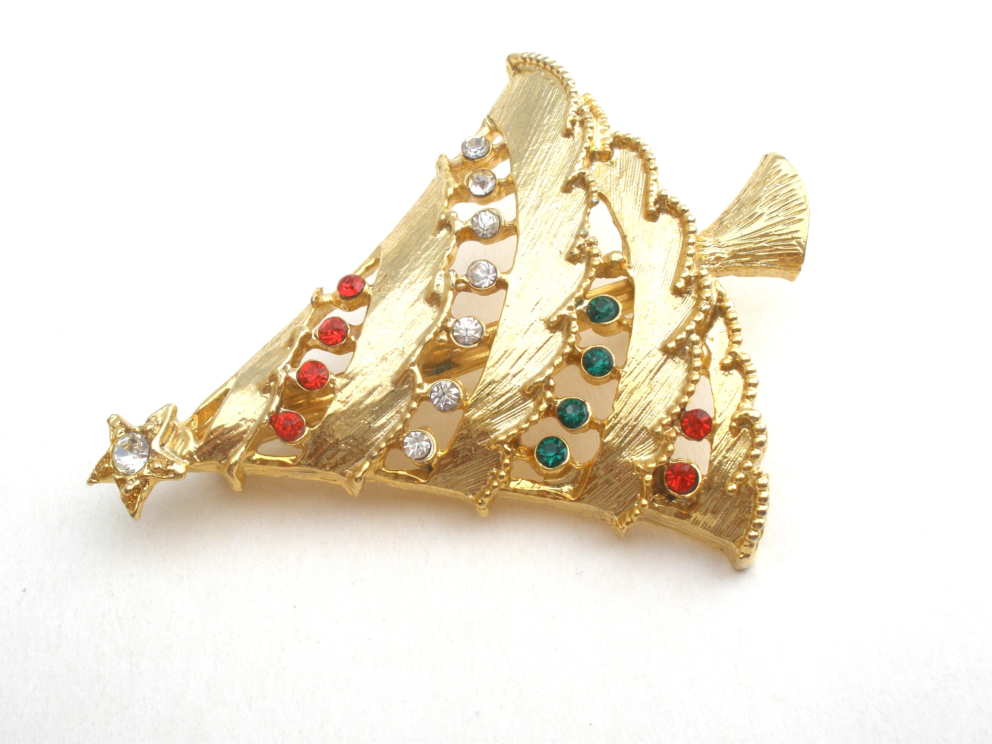 Vintage Gold Christmas Tree Pin with Pink Blue Red Green Rhinestones