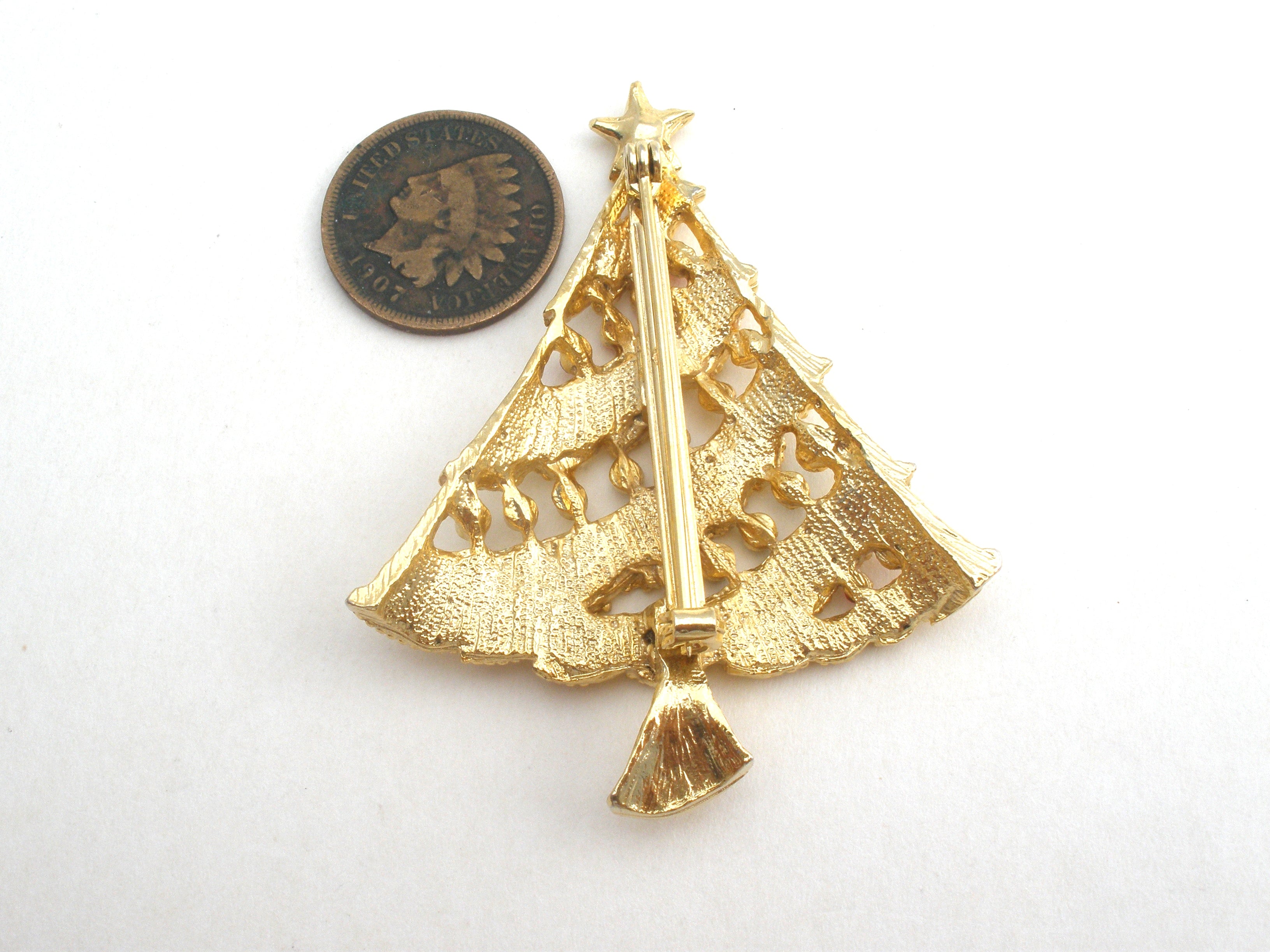 Vintage Gold Christmas Tree Pin with Pink Blue Red Green Rhinestones