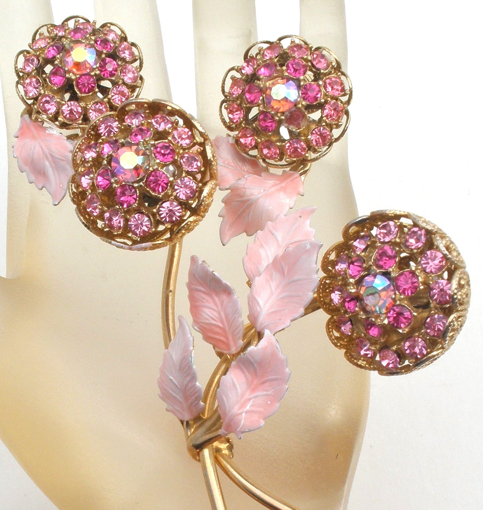 Flower on Stem Pink Rhinestones Vintage Gold Brooch Pin M-4479