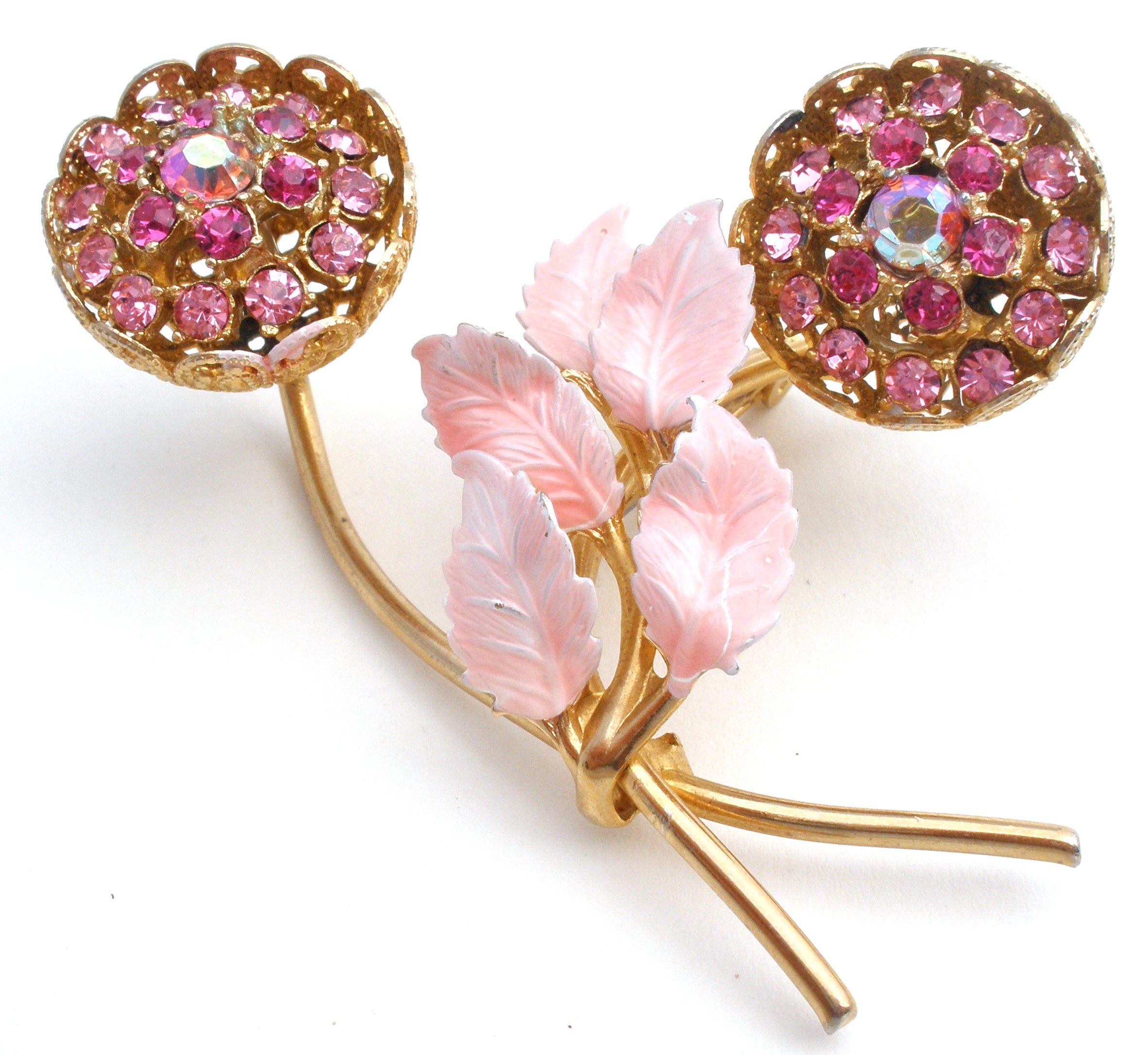 LARGE Swirl Brooch Pink Rhinestones Japanned Setting Vintage