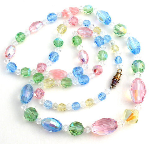Pink Green & Blue Crystal Bead Necklace 26" Vintage
