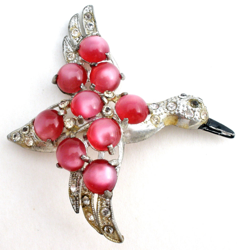 Pink Moonglow Bird Brooch Vintage Pot Metal - The Jewelry Lady's Store
