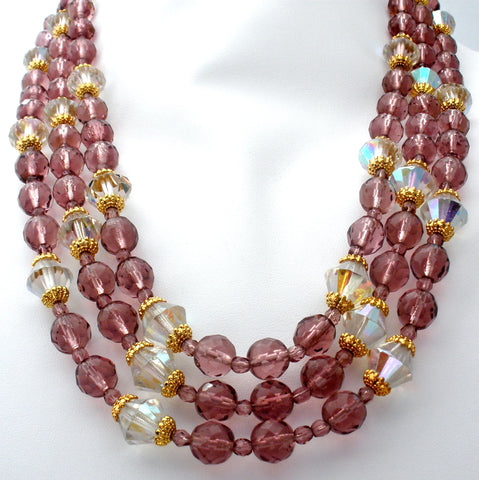 Purple Glass Bead Multi Strand Bead Necklace
