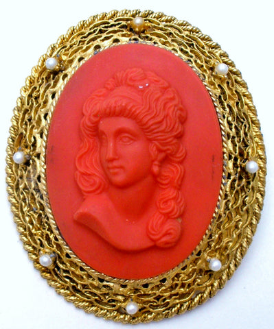 Red Orange Glass Cameo Brooch Pin Vintage