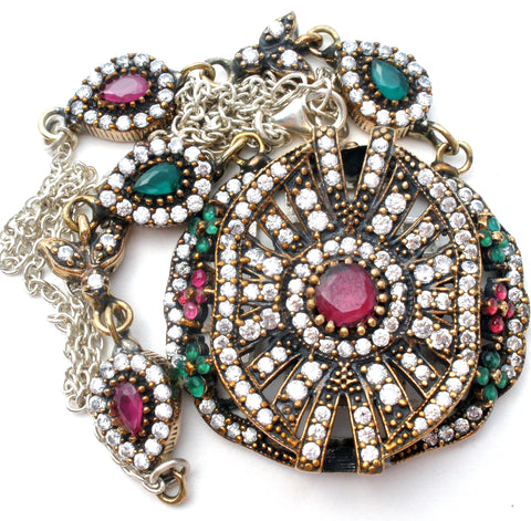 Ruby, Emerald & White Sapphire Lavalier Necklace