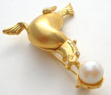 Seal Brooch Pin With Faux Pearl Ball Vintage - The Jewelry Lady's Store