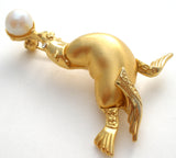 Seal Brooch Pin With Faux Pearl Ball Vintage - The Jewelry Lady's Store