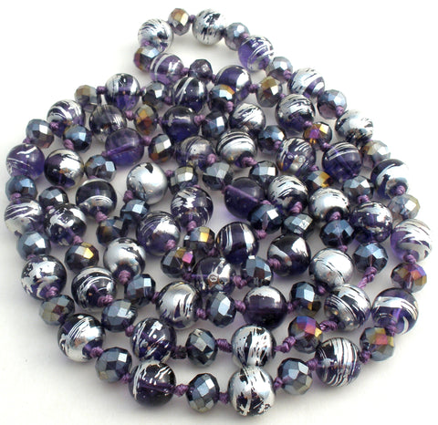 Silver Enamel Purple Glass & Crystal Bead Necklace 52"
