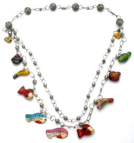 Silver Link Necklace with Enamel Wood Fish Charms