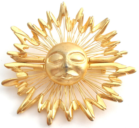 Sun Face Brooch Gold Tone Pin Vintage