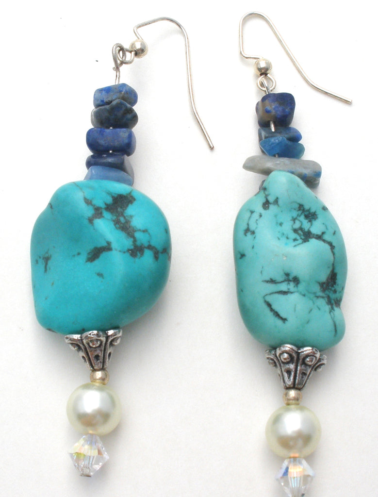 Turquoise Sodalite & Pearl Earrings Vintage - The Jewelry Lady's Store
