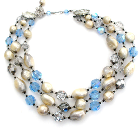 Vendome Blue Bead & Pearl Necklace Vintage