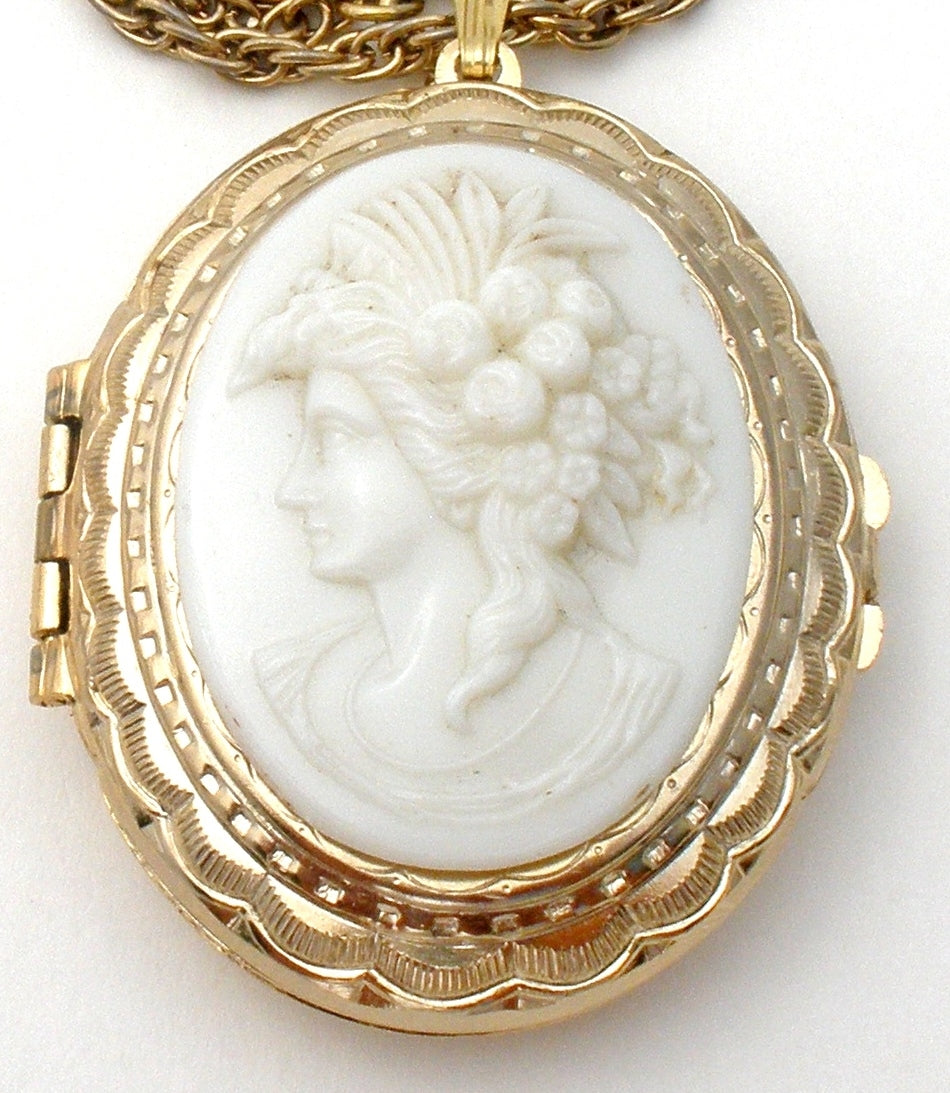 Large Rose Cameo Vintage Oval Locket Necklace