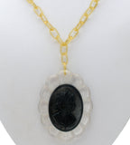 Victorian Lavalier Celluloid Black Cameo and Chain - The Jewelry Lady's Store