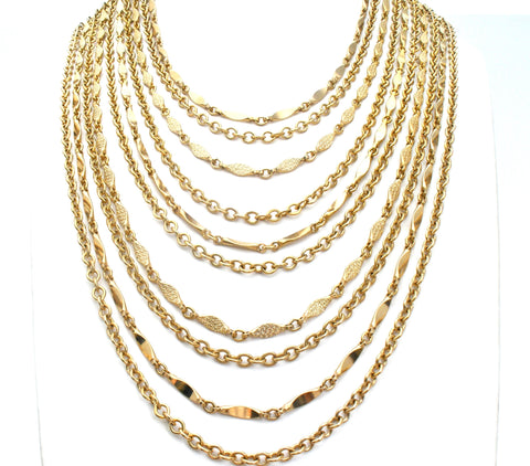 Vintage 10 Chain Bib Necklace Gold Tone