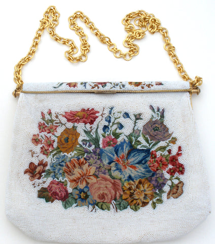 Vintage Beaded & Needlepoint Floral Purse France