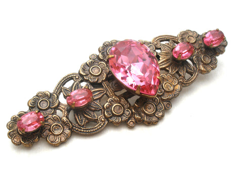 Vintage Brass Flower Brooch Pin With Pink Rhinestones