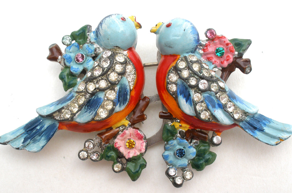 Vintage Coro Duette Fur Clip Love Birds Brooch Adolf Katz - The Jewelry Lady's Store